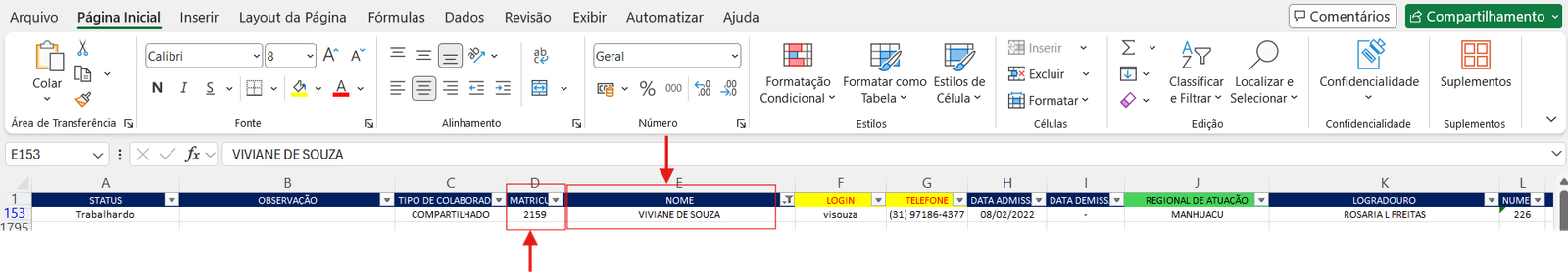 Filtro na coluna NOME e matrícula destacada