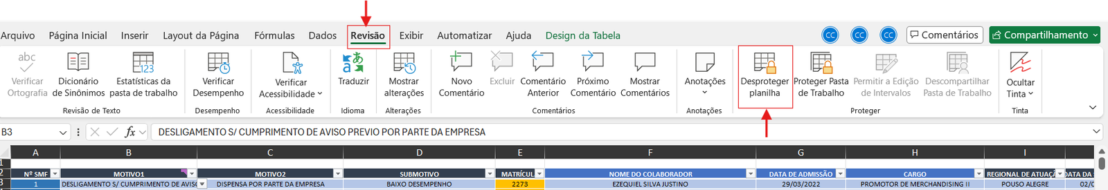 Menu Revisão com botão Desproteger Planilha